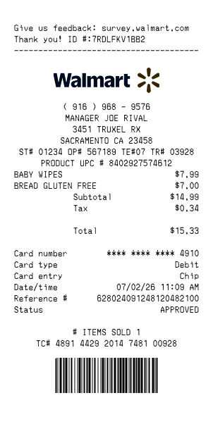 Generate wallmart receipt